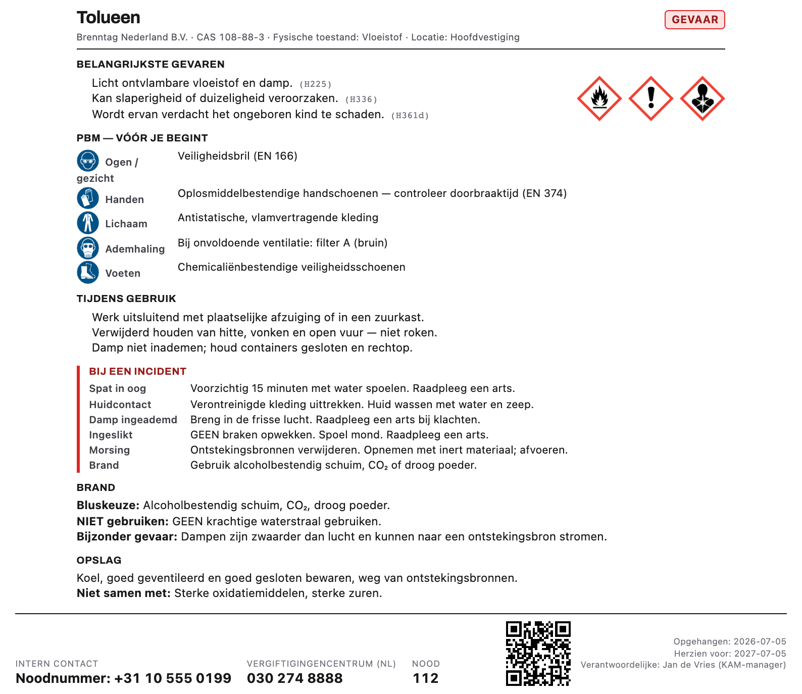 Example workplace instruction card